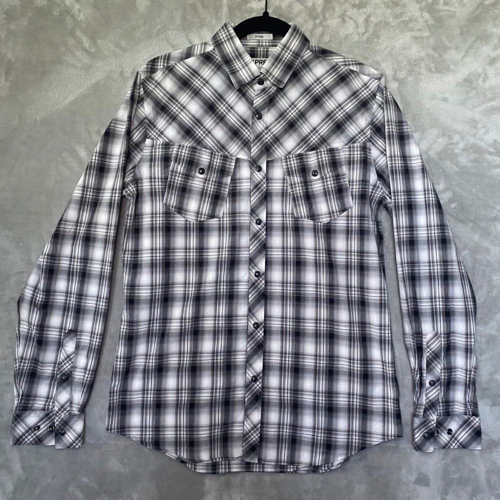 Express Plaid Western Shirt Mens M Black White Fitted Snap Front Long Sleeve